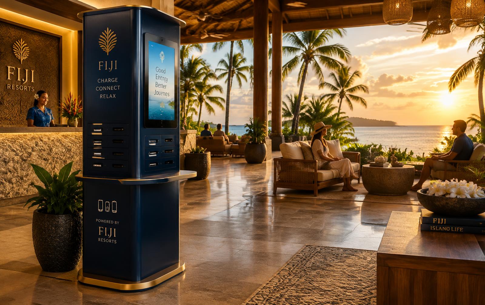 PowerBox charging kiosk in a Fiji resort lobby at sunset