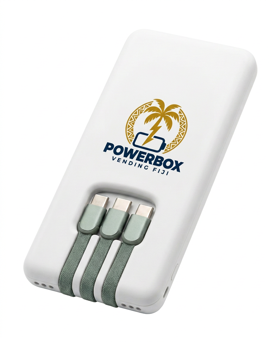 PowerBox Vending Fiji power bank with three built-in cables
